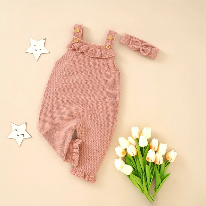 Jednobojni pleteni kombinezon bez rukava s remenkom + traka za glavu za novorođenčad i djevojčicu
