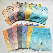 2PCS Ombre joga set Bešavni sportski kratki + sportski grudnjak Crop Top Ženska odjeća za trčanje u teretani Visoki struk Sportsko odijelo za fitness Sportska odjeća