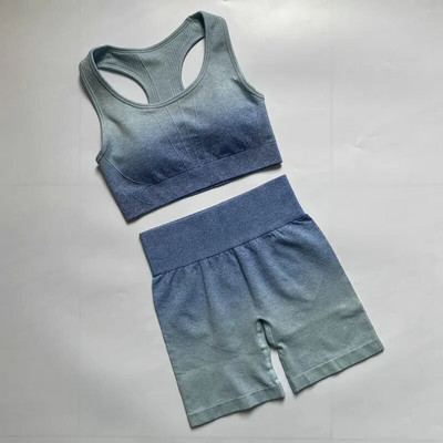 2PCS Ombre joga set Bešavni sportski kratki + sportski grudnjak Crop Top Ženska odjeća za trčanje u teretani Visoki struk Sportsko odijelo za fitness Sportska odjeća