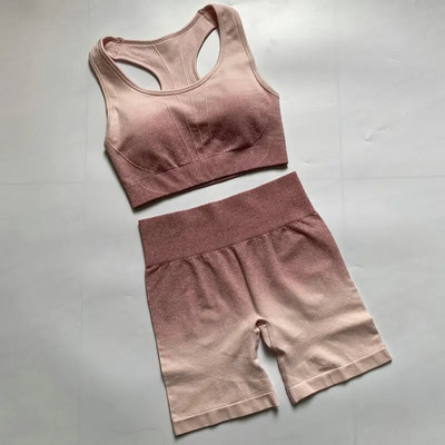 2PCS Ombre joga set Bešavni sportski kratki + sportski grudnjak Crop Top Ženska odjeća za trčanje u teretani Visoki struk Sportsko odijelo za fitness Sportska odjeća
