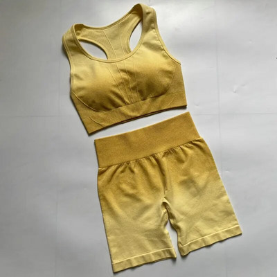 2PCS Ombre joga set Bešavni sportski kratki + sportski grudnjak Crop Top Ženska odjeća za trčanje u teretani Visoki struk Sportsko odijelo za fitness Sportska odjeća