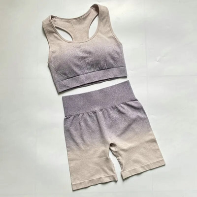 2PCS Ombre joga set Bešavni sportski kratki + sportski grudnjak Crop Top Ženska odjeća za trčanje u teretani Visoki struk Sportsko odijelo za fitness Sportska odjeća