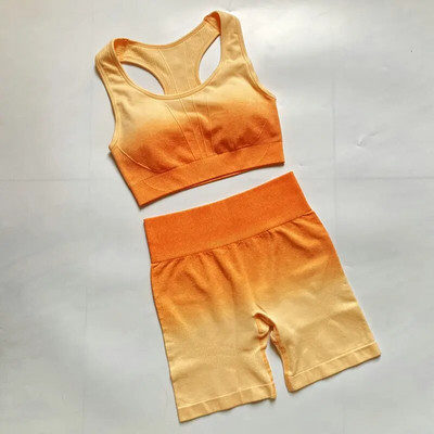 2PCS Ombre joga set Bešavni sportski kratki + sportski grudnjak Crop Top Ženska odjeća za trčanje u teretani Visoki struk Sportsko odijelo za fitness Sportska odjeća