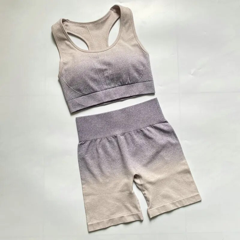 2PCS Ombre joga set Bešavni sportski kratki + sportski grudnjak Crop Top Ženska odjeća za trčanje u teretani Visoki struk Sportsko odijelo za fitness Sportska odjeća