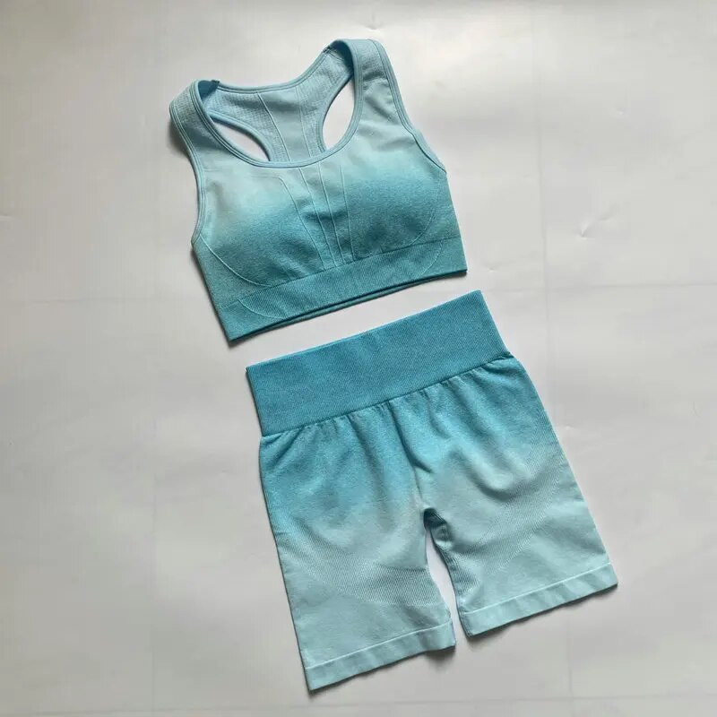 2PCS Ombre joga set Bešavni sportski kratki + sportski grudnjak Crop Top Ženska odjeća za trčanje u teretani Visoki struk Sportsko odijelo za fitness Sportska odjeća