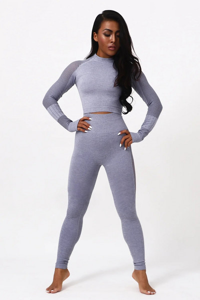 2 kom/set Žensko sportsko odijelo za trčanje Yoga Set Odjeća za vježbanje u teretani Dugi rukavi Fitness Crop Top + Energy Bešavne tajice s visokim strukom