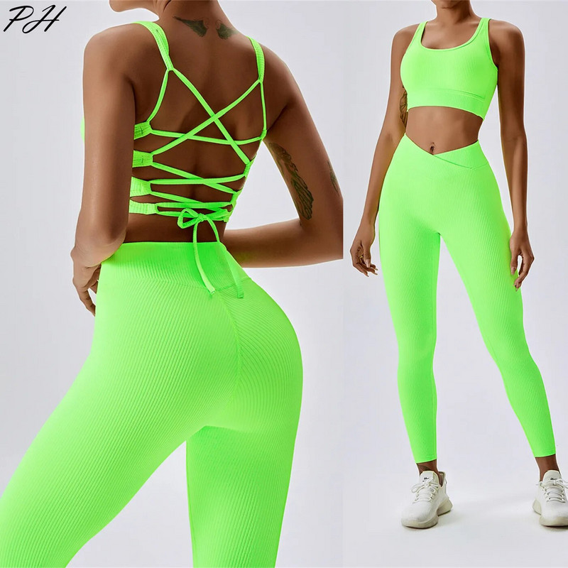 Új Thread jóga gyakorlóruha női keresztpántos hátsó melltartó Szexi V derék leggings szett Légáteresztő futófeszes fitnesz sport szett