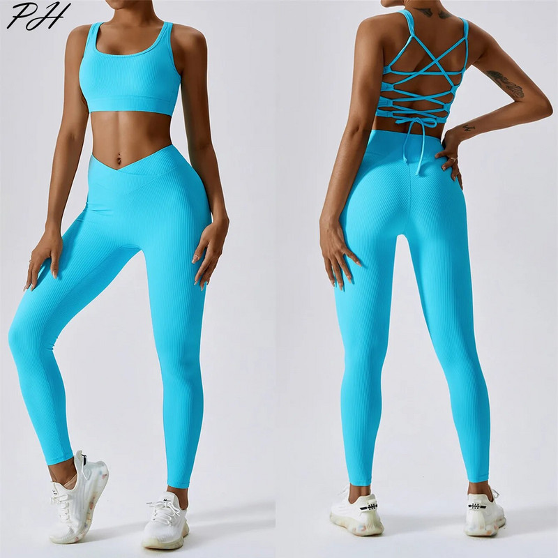 Új Thread jóga gyakorlóruha női keresztpántos hátsó melltartó Szexi V derék leggings szett Légáteresztő futófeszes fitnesz sport szett