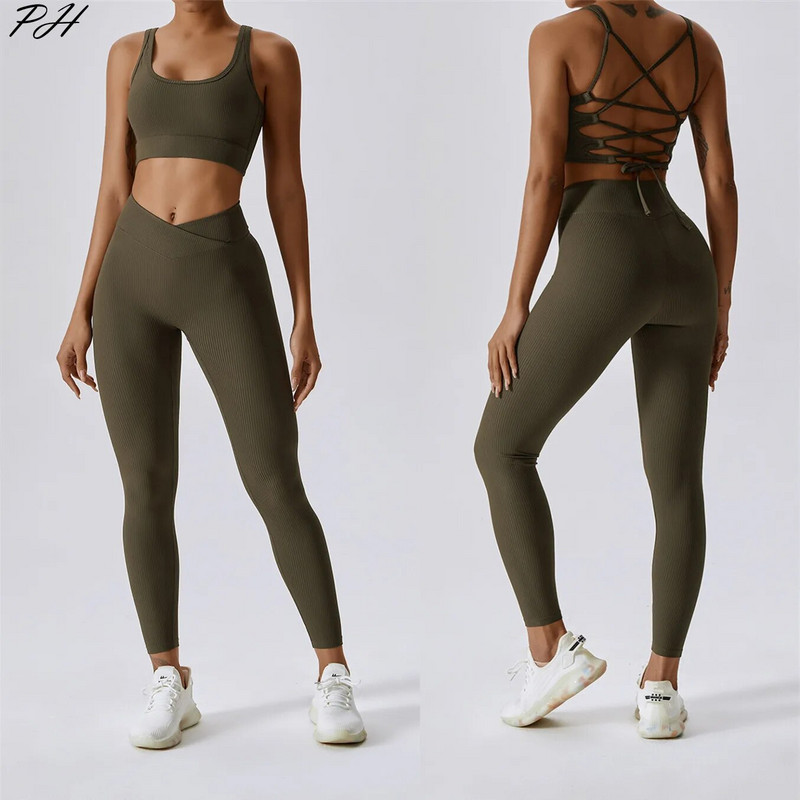 Új Thread jóga gyakorlóruha női keresztpántos hátsó melltartó Szexi V derék leggings szett Légáteresztő futófeszes fitnesz sport szett