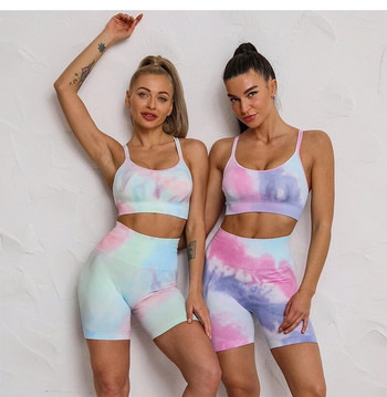 2 τεμάχια Seamless Tie Dye Yoga Σετ Αθλητικό κοστούμι Γυναικεία αθλητική φόρμα ψηλόμεση ροδακινί σορτς γυμναστικής Push Up Fitness Bra Top Activewear