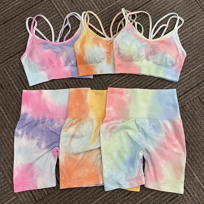 2Pcs Bešavni Tie Dye Yoga set Sportsko odijelo Ženska trenirka visokog struka Breskvaste hlače sa stražnjicom za teretanu Push Up fitness grudnjak Top Aktivna odjeća