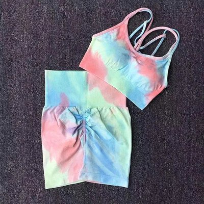 2Pcs Bešavni Tie Dye Yoga set Sportsko odijelo Ženska trenirka visokog struka Breskvaste hlače sa stražnjicom za teretanu Push Up fitness grudnjak Top Aktivna odjeća
