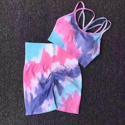 2Pcs Bešavni Tie Dye Yoga set Sportsko odijelo Ženska trenirka visokog struka Breskvaste hlače sa stražnjicom za teretanu Push Up fitness grudnjak Top Aktivna odjeća