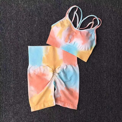 2Pcs Bešavni Tie Dye Yoga set Sportsko odijelo Ženska trenirka visokog struka Breskvaste hlače sa stražnjicom za teretanu Push Up fitness grudnjak Top Aktivna odjeća