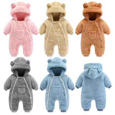 0-2Y Newborn Baby Romper Boys Girls Cartoon Bear Hooded Romper Fleece Jumpsuit Παλτό Χειμερινό παλτό νήπιο με βρεφικά ρούχα τσέπης