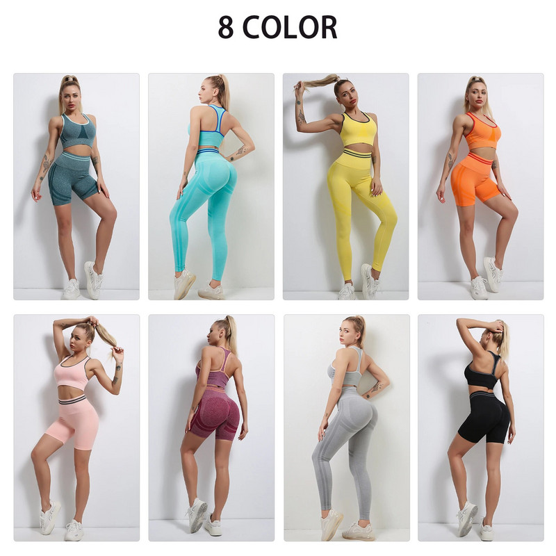 Seamless Sieviešu jogas komplekts Treniņš Sporta apģērbs Sporta zāle Apģērbs Fitness Krūšturis Augsts Viduklis Legingi Sporta Uzvalks Treniņtērps Sports Īss komplekts