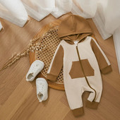 Zīdaiņu, meiteņu, zēnu, rudens, ziemas bērnu drēbes, pilna garuma kombinezons, kontrastējošas krāsas kapuci, kombinezons ar rāvējslēdzēju