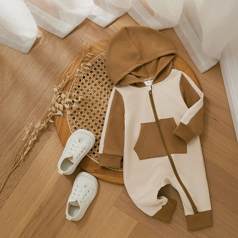 Zīdaiņu, meiteņu, zēnu, rudens, ziemas bērnu drēbes, pilna garuma kombinezons, kontrastējošas krāsas kapuci, kombinezons ar rāvējslēdzēju