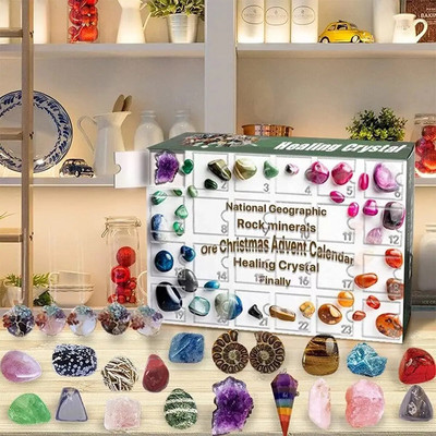 Healing Crystal Calendar Advent Colecții de stânci Pietriș Lustruit Pietriș Crăciun Numărătoare inversă Joc de masă Surpriză Cutie cadou