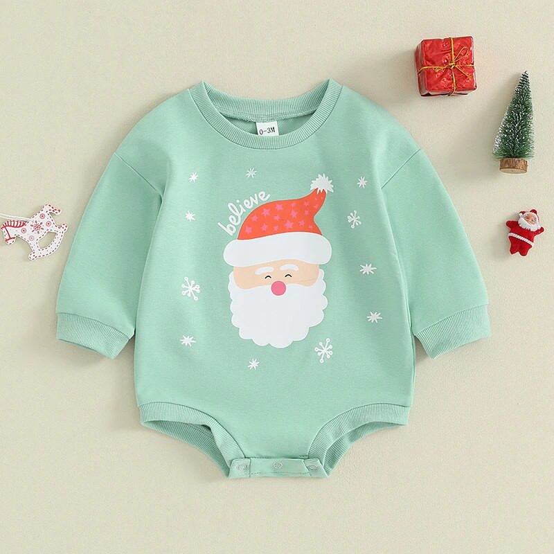 Ziemassvētki, mazuļi, meitenes, zēni, sporta krekli, bikses, apģērbi, burti Ziemassvētku vecīša sniegpārsliņa, apdruka ar apkakli, garām piedurknēm, mazuļu Ziemassvētku bodi