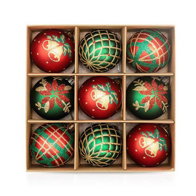 9gab Ziemassvētku dekoratīvās bumbiņas zaļas Ziemassvētku eglītes piekariņi sarkani sniegpārsliņu zari stils mājas Ziemassvētku ballītes noformējums rotaļlietu bumbas