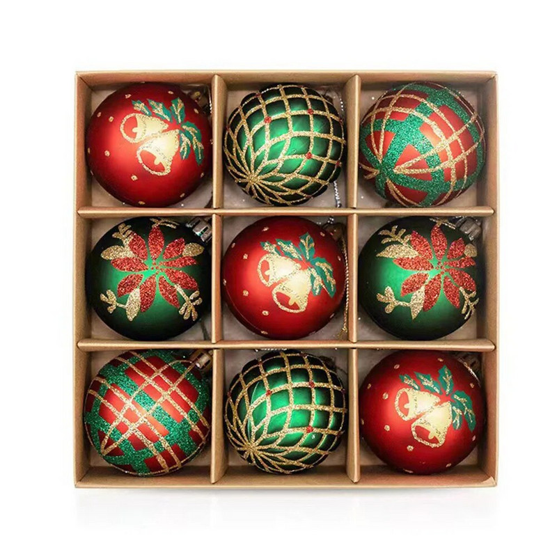 9gab Ziemassvētku dekoratīvās bumbiņas zaļas Ziemassvētku eglītes piekariņi sarkani sniegpārsliņu zari stils mājas Ziemassvētku ballītes noformējums rotaļlietu bumbas