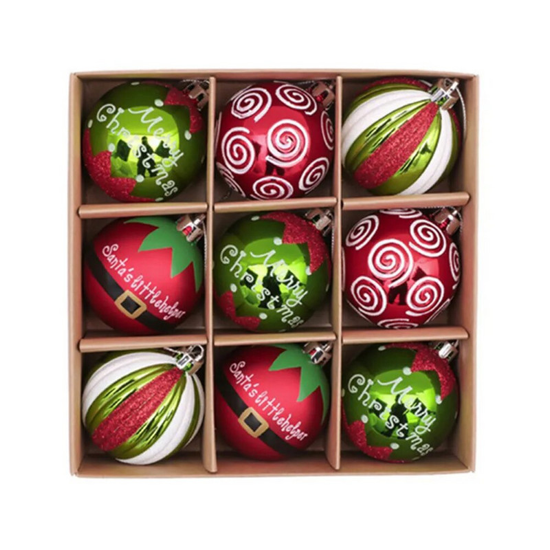 9gab Ziemassvētku dekoratīvās bumbiņas zaļas Ziemassvētku eglītes piekariņi sarkani sniegpārsliņu zari stils mājas Ziemassvētku ballītes noformējums rotaļlietu bumbas