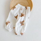 Jaunas vasaras mīkstas elpojošas kokvilnas bikses karikatūra Bear apdrukas raksts vienkrāsainas bikses ikdienas bikses maziem bērniem