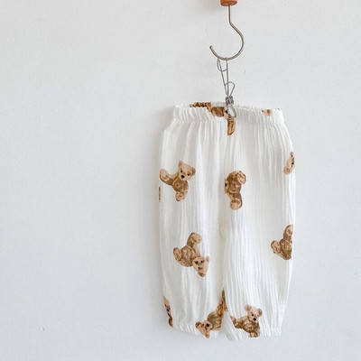 Jaunas vasaras mīkstas elpojošas kokvilnas bikses karikatūra Bear apdrukas raksts vienkrāsainas bikses ikdienas bikses maziem bērniem