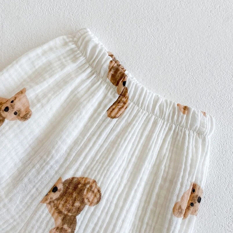 Jaunas vasaras mīkstas elpojošas kokvilnas bikses karikatūra Bear apdrukas raksts vienkrāsainas bikses ikdienas bikses maziem bērniem