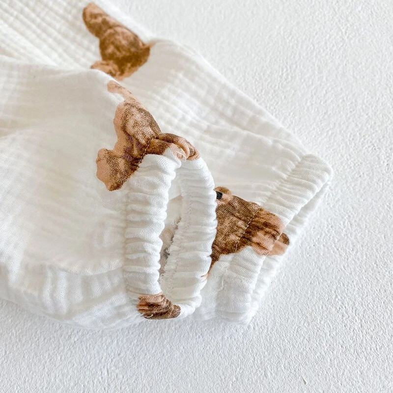 Jaunas vasaras mīkstas elpojošas kokvilnas bikses karikatūra Bear apdrukas raksts vienkrāsainas bikses ikdienas bikses maziem bērniem