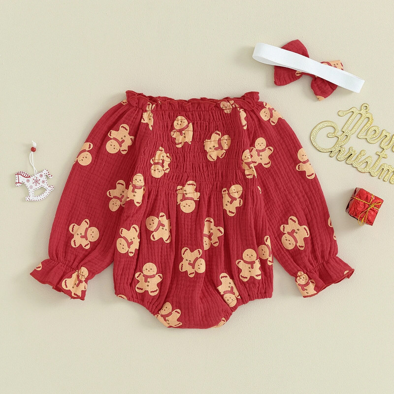 2023. gads, jaundzimušajām meitenēm, Ziemassvētku bikses, drēbes, sarkanas kokvilnas lina volāni, piparkūku apdrukas, kombinezoni, galvassegas, Ziemassvētku tērpi
