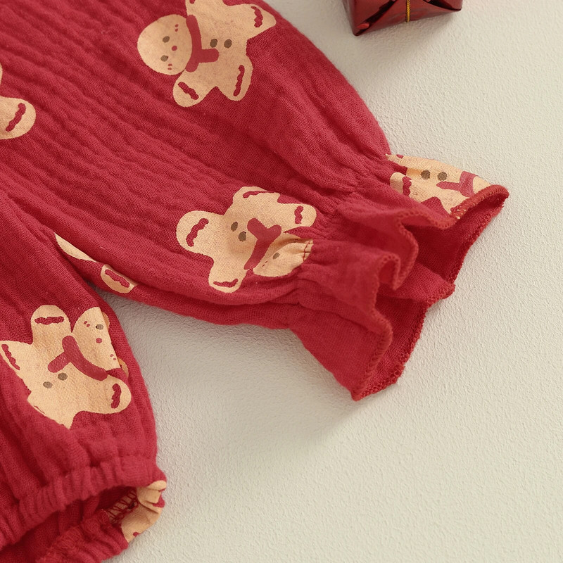 2023. gads, jaundzimušajām meitenēm, Ziemassvētku bikses, drēbes, sarkanas kokvilnas lina volāni, piparkūku apdrukas, kombinezoni, galvassegas, Ziemassvētku tērpi