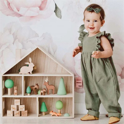 Vasaras bērnu rombiņš kokvilnas lina zīdaiņu bodijs bez piedurknēm volāni mežģīnes toddler meiteņu kombinezons apģērbs bērnu kombinezons ou