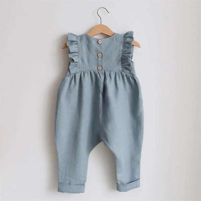 Vasaras bērnu rombiņš kokvilnas lina zīdaiņu bodijs bez piedurknēm volāni mežģīnes toddler meiteņu kombinezons apģērbs bērnu kombinezons ou