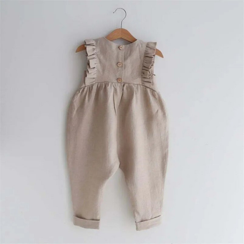 Vasaras bērnu rombiņš kokvilnas lina zīdaiņu bodijs bez piedurknēm volāni mežģīnes toddler meiteņu kombinezons apģērbs bērnu kombinezons ou