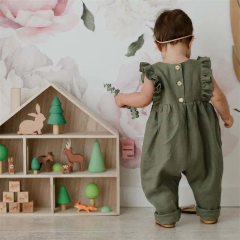 Vasaras bērnu rombiņš kokvilnas lina zīdaiņu bodijs bez piedurknēm volāni mežģīnes toddler meiteņu kombinezons apģērbs bērnu kombinezons ou