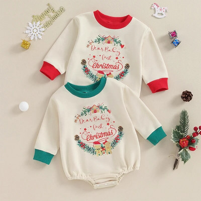 Baby Christmas Romper pikkade varrukatega Crew Neck Tree Letter Print Bodysuit vastsündinu talve mängukostüüm