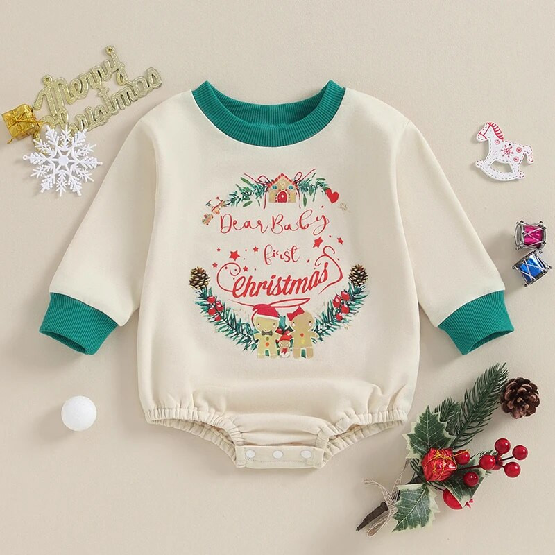 Dječja božićna kombinezona s dugim rukavima i okruglim izrezom, bodi s otisnutim slovima i slovima za novorođenče