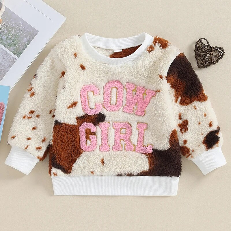 Mood Sügis Väikelapsed Lapsed Tüdrukud Kampsunid Veiste kiri Tikand Meeste kaelaga pikkade varrukatega pulloverid Soojad kampsunid Topid