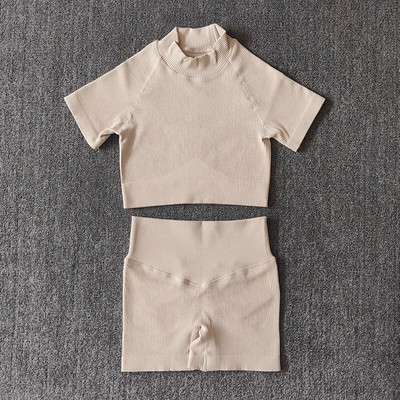 Ženske bešavne garniture za jogu s visokim ovratnikom, kratke rukave, kratke rukave, s visokim strukom, tajice za vježbanje, sportska odijela za fitnes