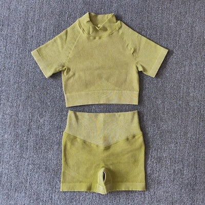 Ženske bešavne garniture za jogu s visokim ovratnikom, kratke rukave, kratke rukave, s visokim strukom, tajice za vježbanje, sportska odijela za fitnes