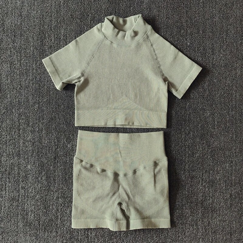 Ženske bešavne garniture za jogu s visokim ovratnikom, kratke rukave, kratke rukave, s visokim strukom, tajice za vježbanje, sportska odijela za fitnes