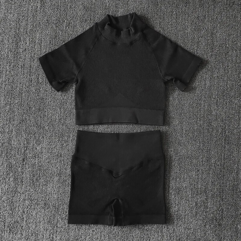 Ženske bešavne garniture za jogu s visokim ovratnikom, kratke rukave, kratke rukave, s visokim strukom, tajice za vježbanje, sportska odijela za fitnes