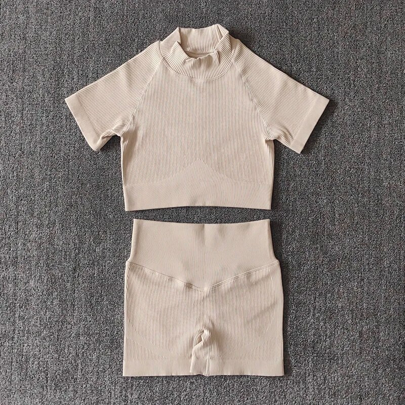 Ženske bešavne garniture za jogu s visokim ovratnikom, kratke rukave, kratke rukave, s visokim strukom, tajice za vježbanje, sportska odijela za fitnes