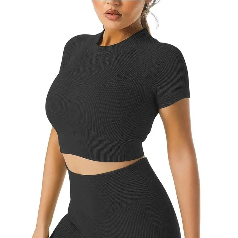 Ženske bešavne garniture za jogu s visokim ovratnikom, kratke rukave, kratke rukave, s visokim strukom, tajice za vježbanje, sportska odijela za fitnes