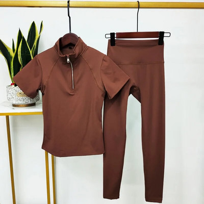 Ženski set za jogu Majice za vježbanje Sportske hlače Kratkih rukava Odjeća za teretanu Odijelo za fitness Visokog struka Tajice za trčanje Sportska odjeća