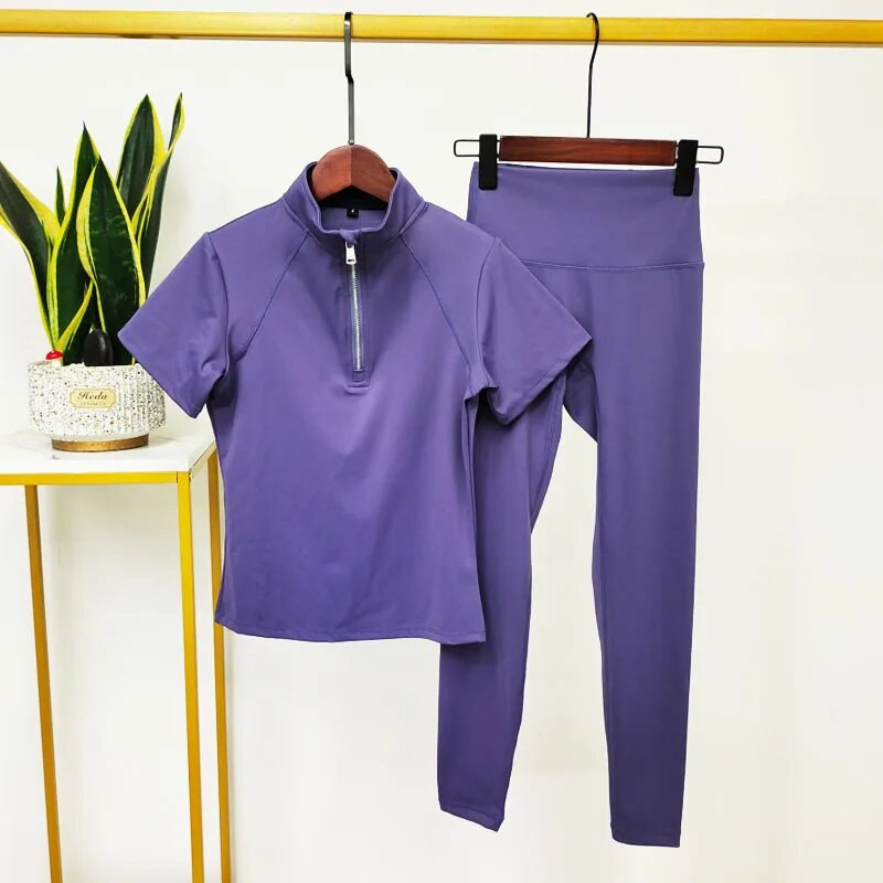 Ženski set za jogu Majice za vježbanje Sportske hlače Kratkih rukava Odjeća za teretanu Odijelo za fitness Visokog struka Tajice za trčanje Sportska odjeća