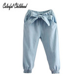 2-12 éves gyerekek nadrágok lány nadrágok tavaszi őszi divat farmerek masni Világoskék farmer egyenes nadrágok gyermek nadrágok