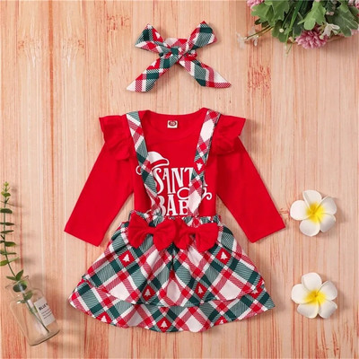 Karácsonyi kislány jelmez 3 db Újszülöttek repülő ujjú bobi + kockás pántos ruha fesztivál Gyerek tipegő jelmez